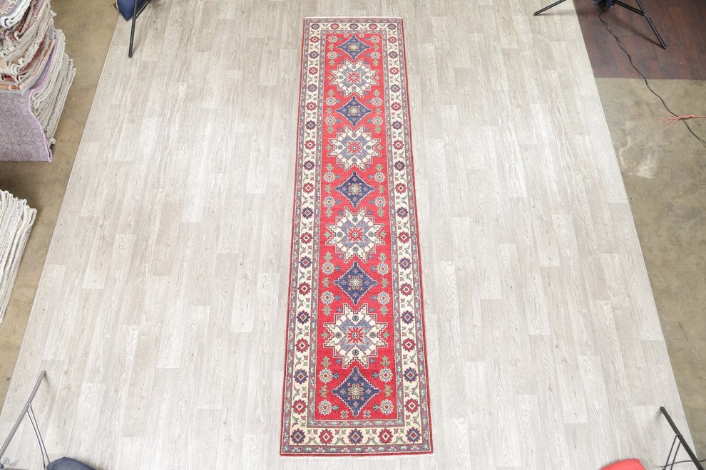 Hand Made Kazak Oriental Runner Pakistani Traditional Wool Rug, Red, 11'5"X2'10"