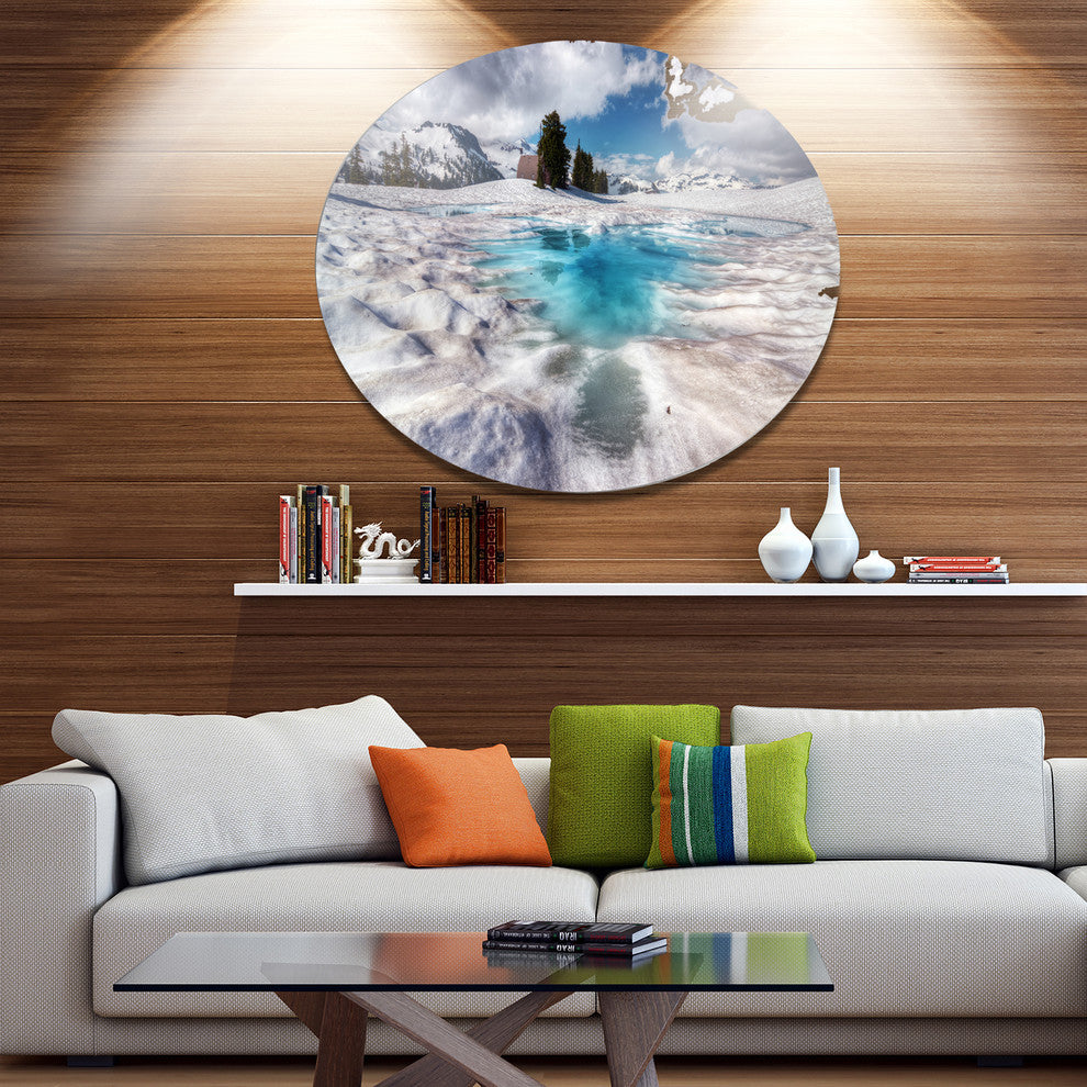 Beautiful Snow Covered Lake, Landscape Art Disc Metal Artwork, 11"