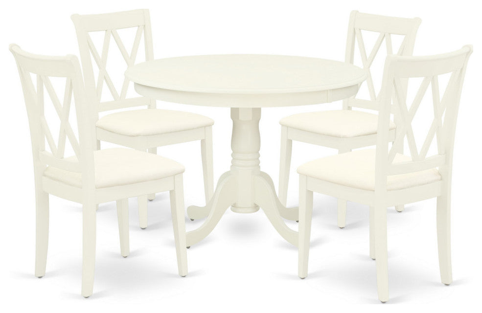 5Pc Dining Set, Round Dinette Table, Four Kitchen Chairs, Linen White Finish