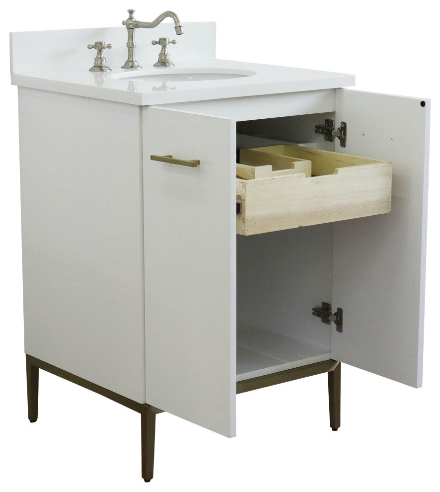 25" Single Sink Vanity, White Finish With Engineered Stone Top And Oval Sink