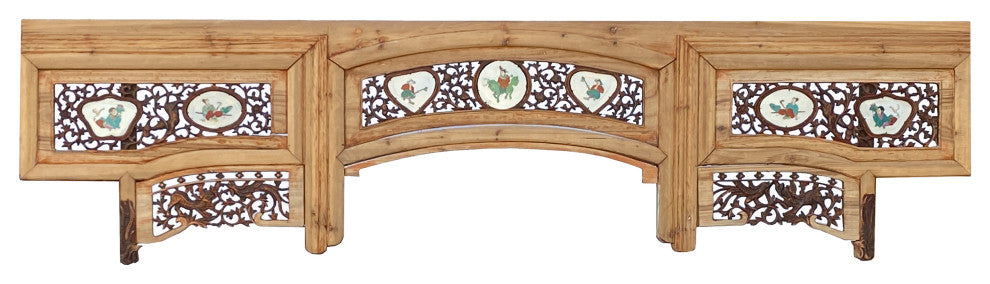 Vintage Chinese Arch Shape Carving Porcelain Graphic Wood Wall Art, Hws2254