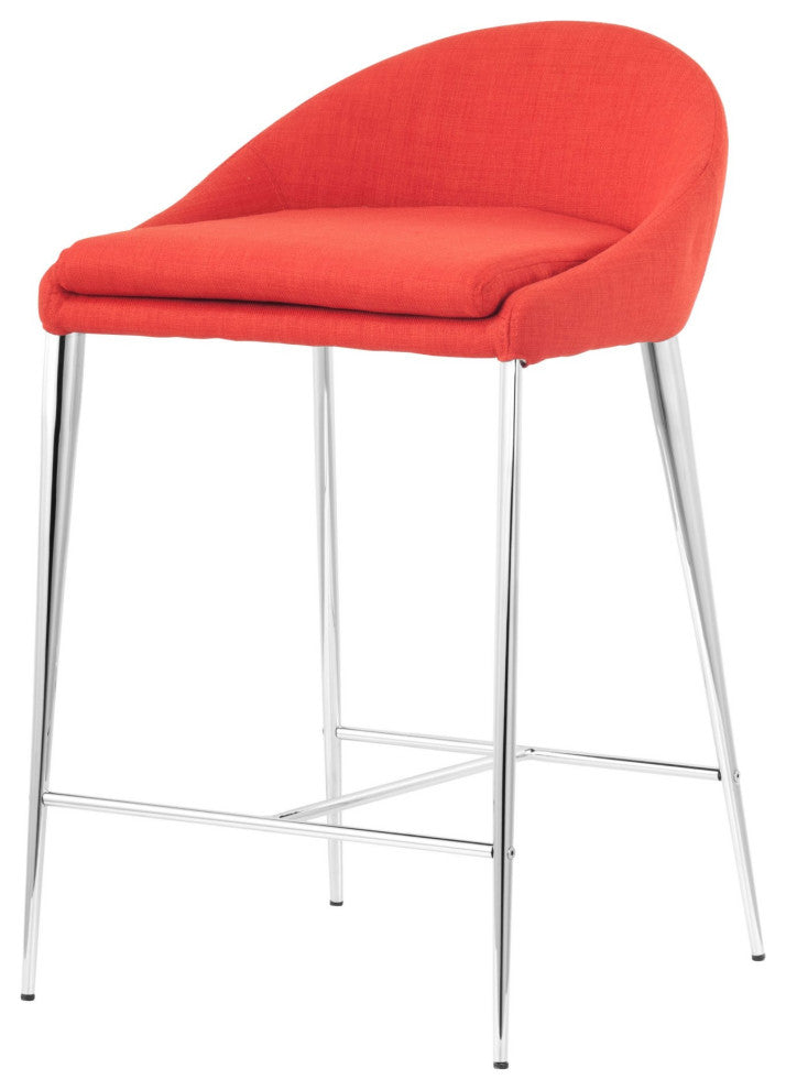 Counter Stool Chair, Set of 2, Steel Metal, Fabric, Orange, Chrome, Mid Century