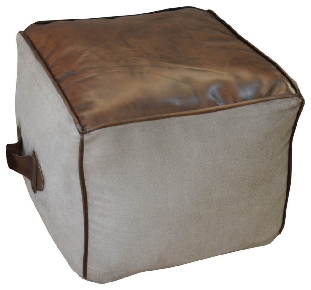 Rectangular Canvas Leather Pouf Nara With Leather Accents