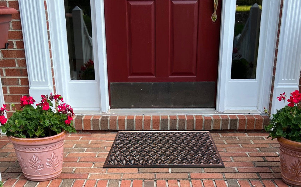 Outdoor Mat, Natural Rubber, 18"x30" Heavy Duty Doormat, Copper Checkered