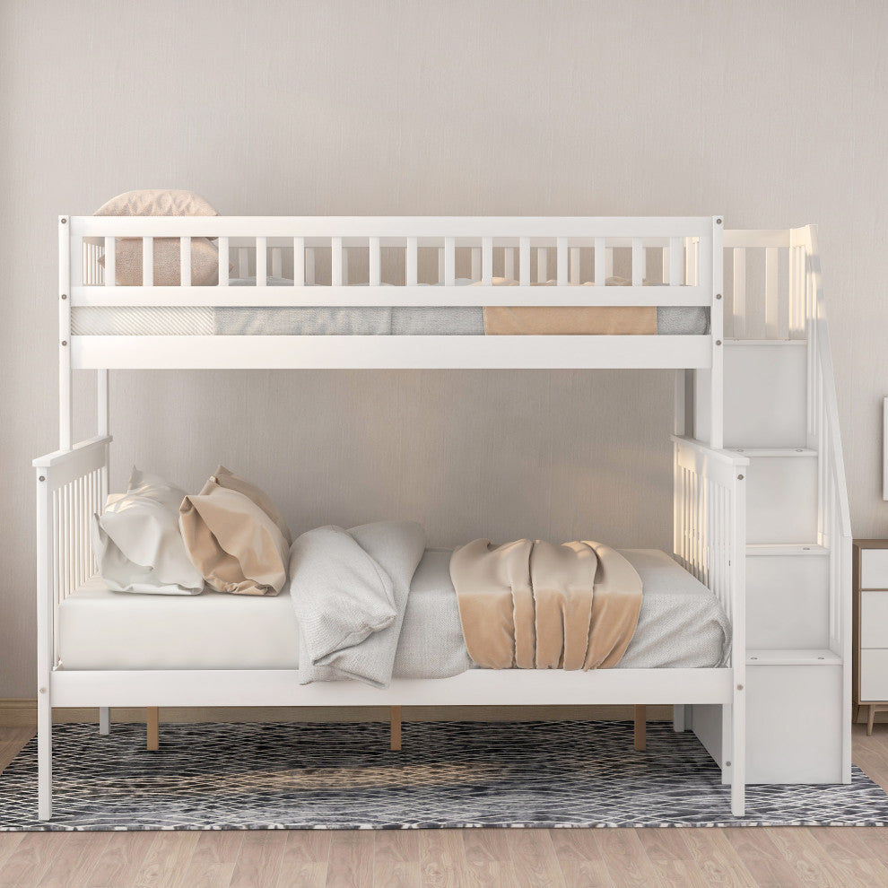 Gewnee Wood Twin Over Full  Bunk Bed with Storage Stairway in White
