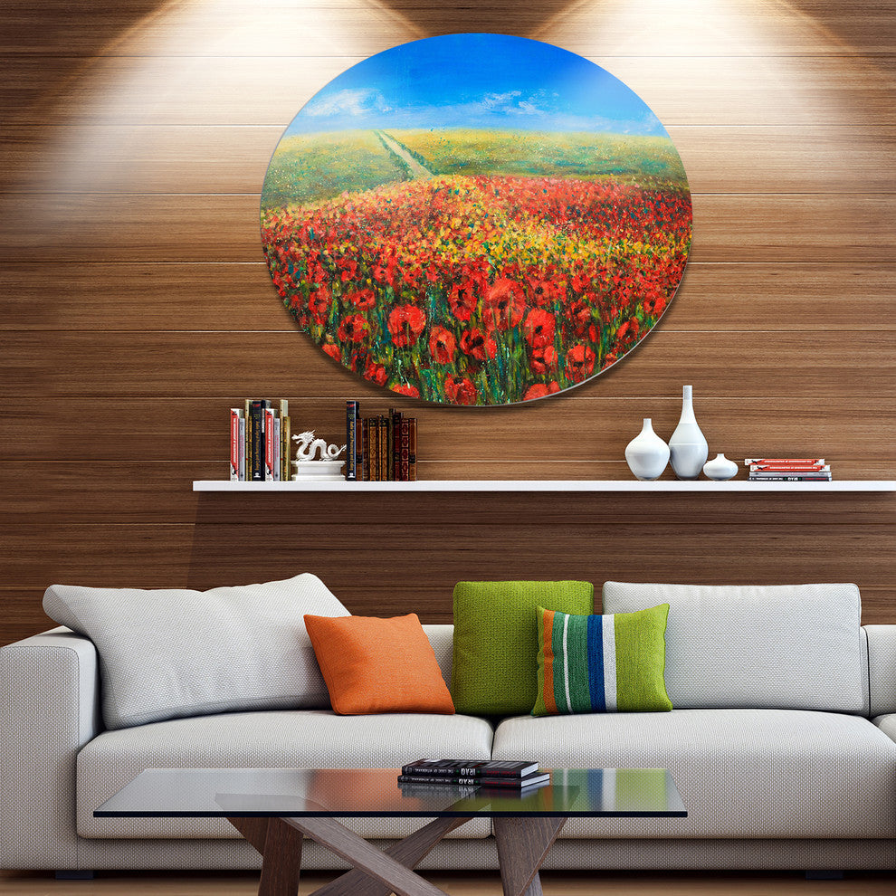Acrylic Landscape With Red Flowers, Floral Disc Metal Artwork, 23"