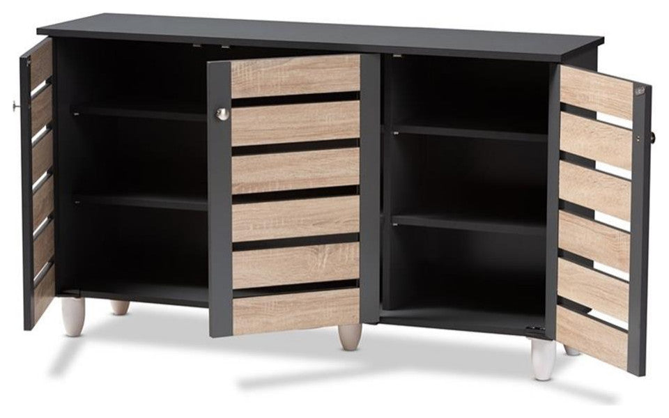 Gisela Two-Tone Oak and Dark Gray 3-Door Shoe Storage Cabinet