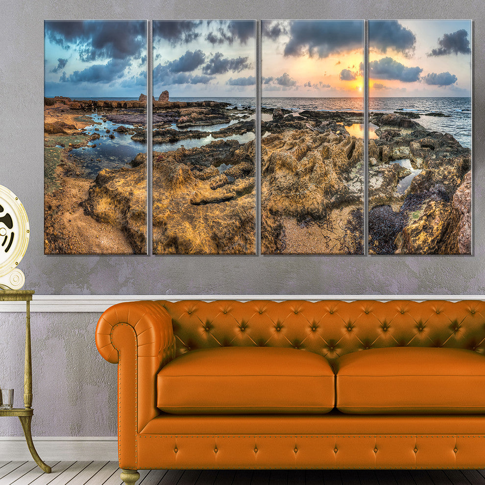 "Rocky African Seashore Panorama" Oversized Beach Wall Art, 4 Panels, 48"x28"
