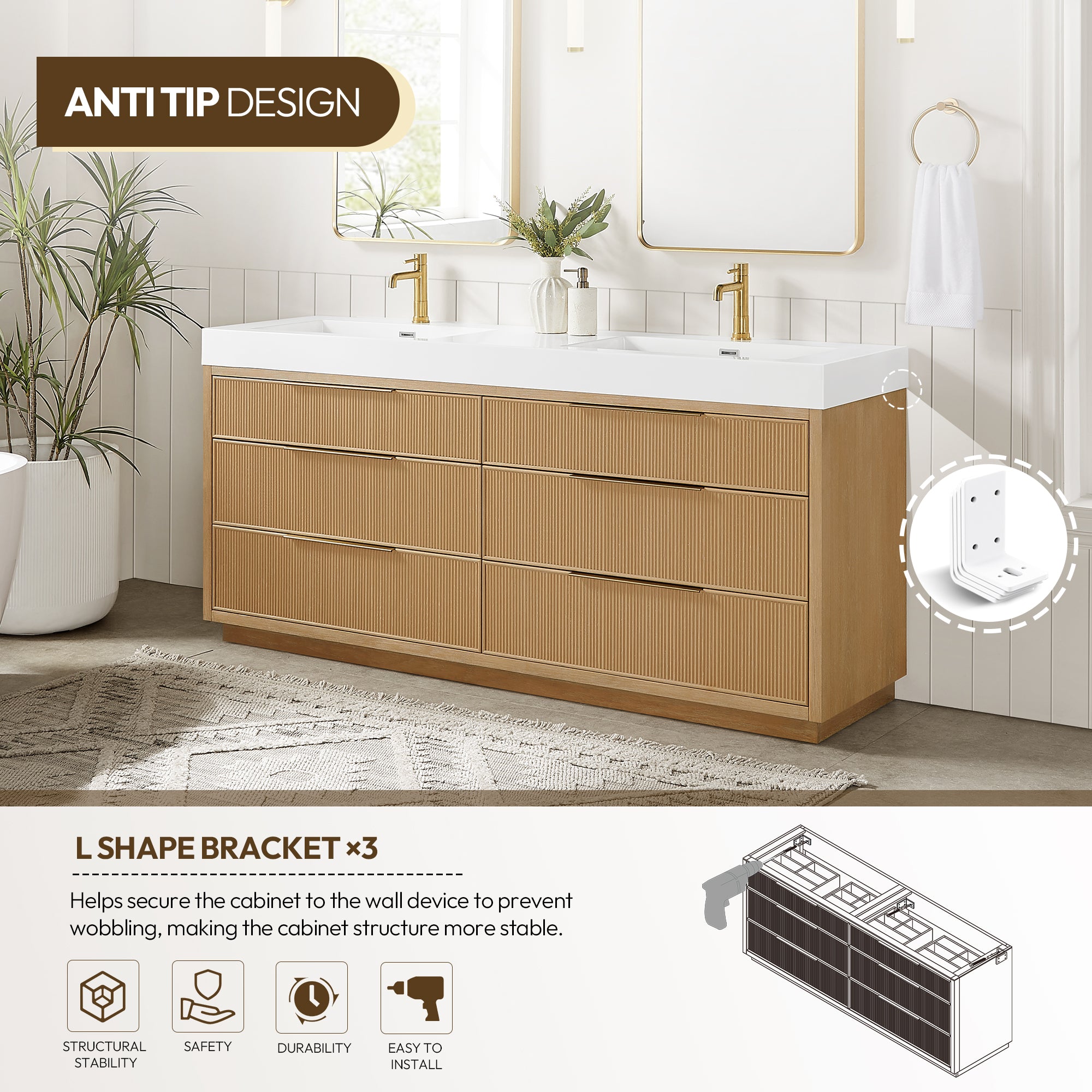 Hohhot Bath Vanity, Stone Sink Top No Mirror, Washed Ash Gray, 72", Double Vanity