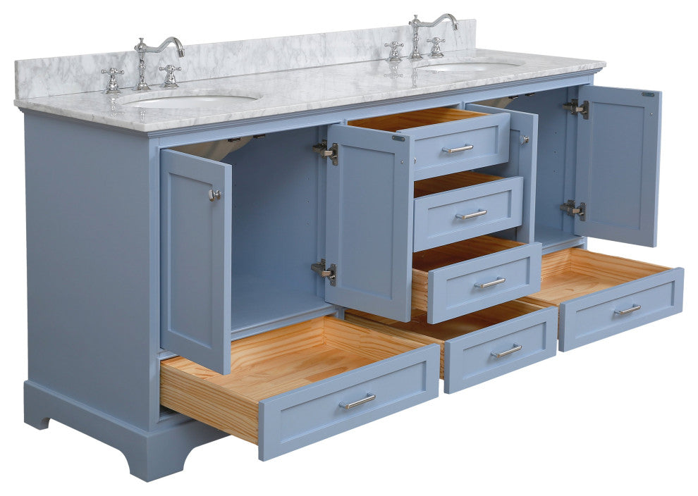Harper 72" Double Bathroom Vanity, Powder Blue, Carrara Marble