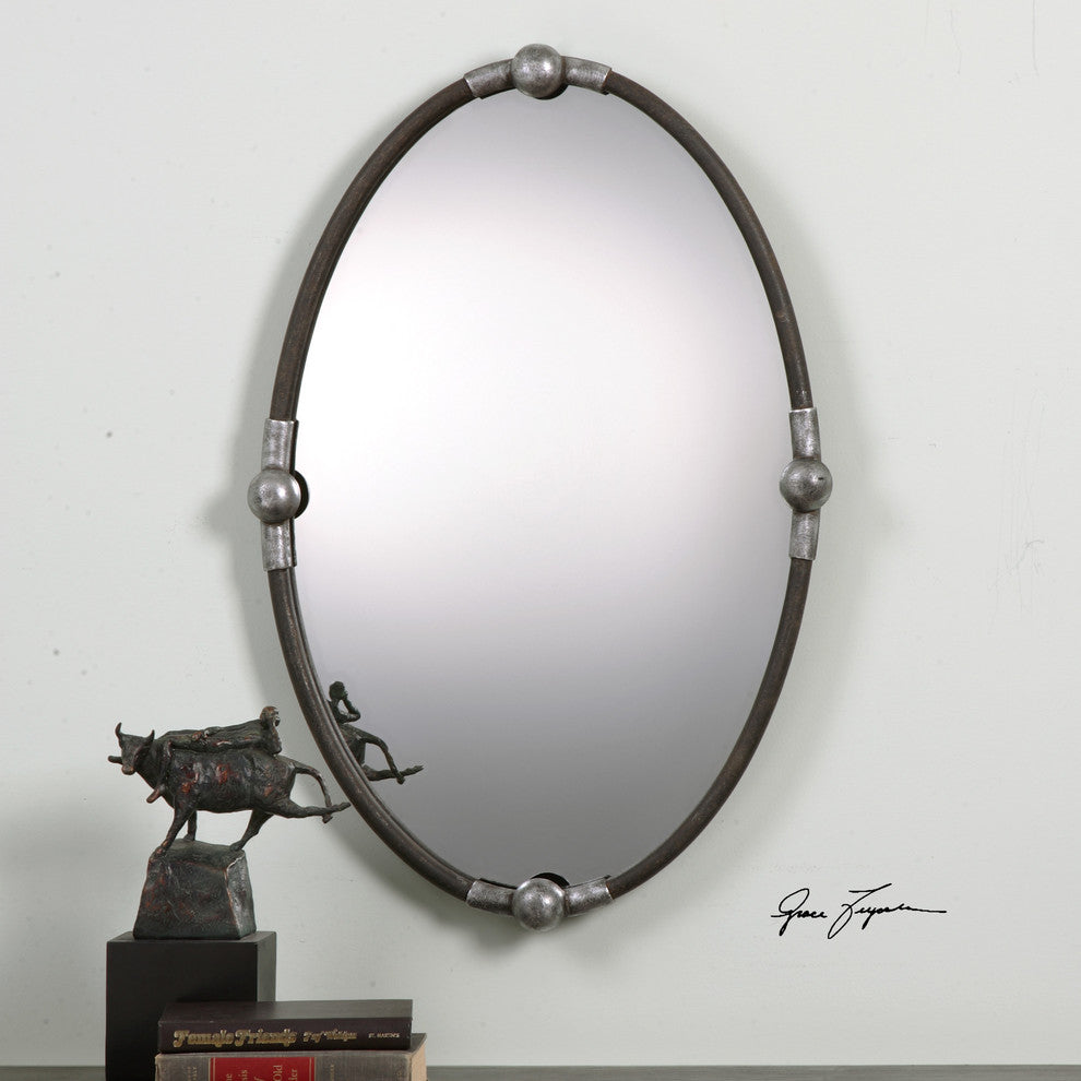 Luxe Rustic Black Iron Oval Wall Mirror, Vanity Silver Contemporary Industrial