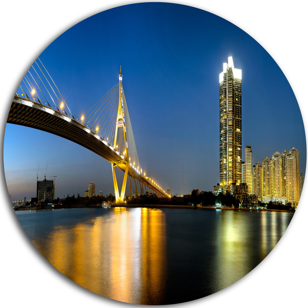 Lit-Up Bhumibol Bridge At Dusk, Cityscape Round Wall Art, 11"