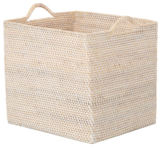 Loma Rectangular Tall Decorative Rattan Storage Basket with Ear Handles, Large, White Wash