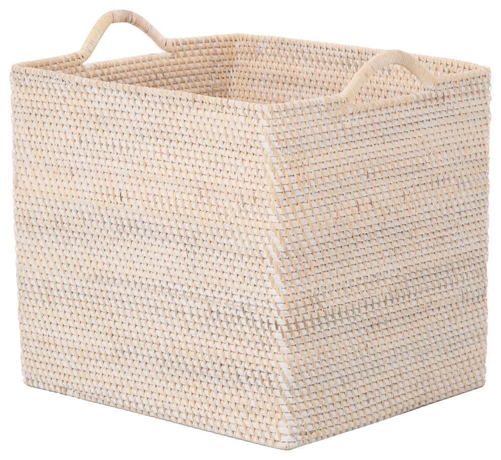 Loma Rectangular Tall Decorative Rattan Storage Basket with Ear Handles, Large, White Wash