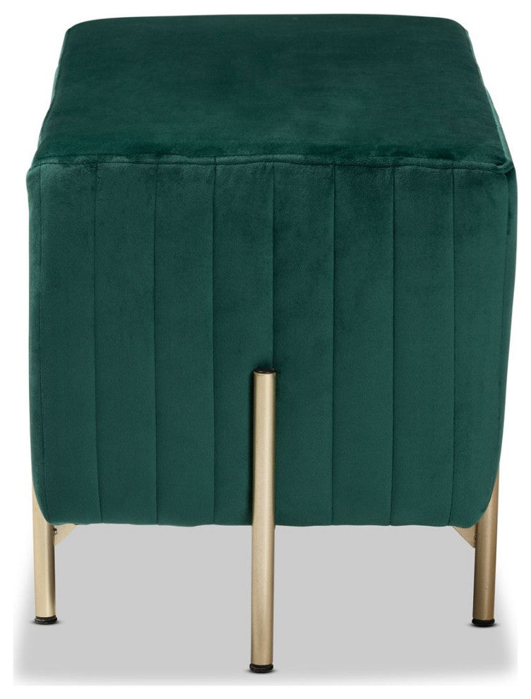 Helaine Glam and Luxe Green Fabric Upholstered and Gold Metal Bench Ottoman