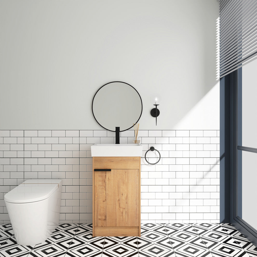 18x15., Bath Vanity, Imitative Oak With White Ceramic Top and Basin
