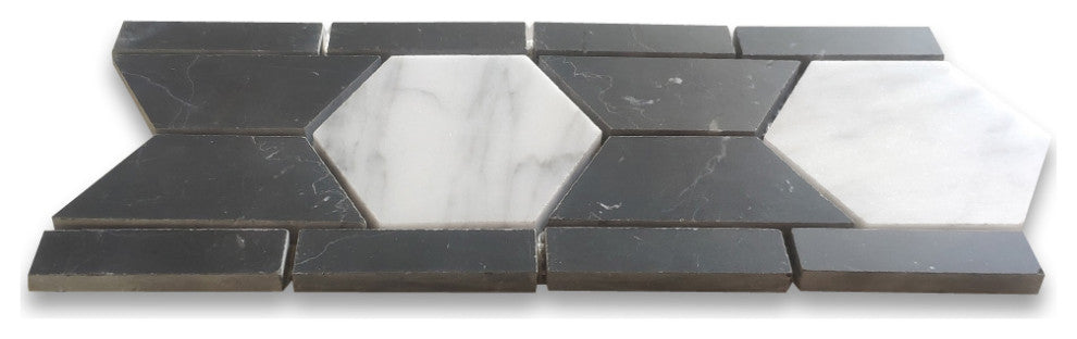 Carrara White Marble 3 Hexagon Black Mosaic Border Listello Tile Honed, 1 sheet