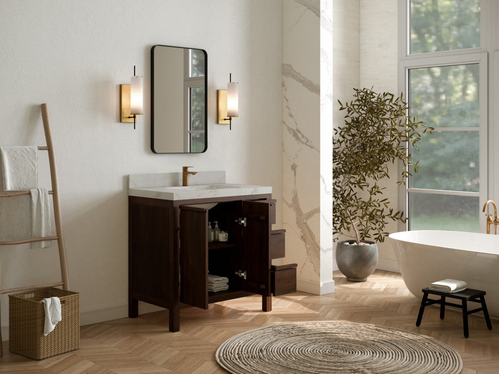Elizabeth 36 Center Sink Bath Vanity in Dark Walnut Teak 2" Carrara Quartz