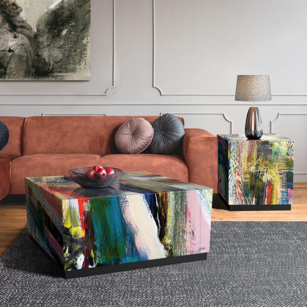 "Graffiti Rock Star"Printed Art Glass Side Table with Black Plinth Base Set of 2