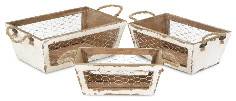 Chicken Wire Wooden Crates, Set of 3