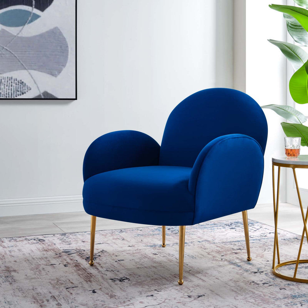 Armchair Accent Chair, Blue Navy, Velvet, Modern, Mid Century Hotel Lounge Cafe