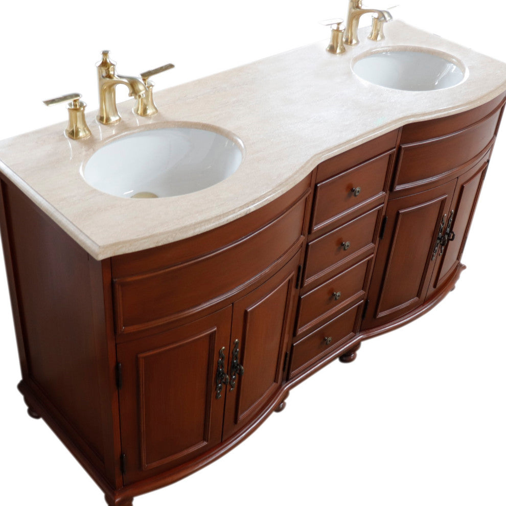 62" Double Sink Vanity Walnut Finish, Travertine Top