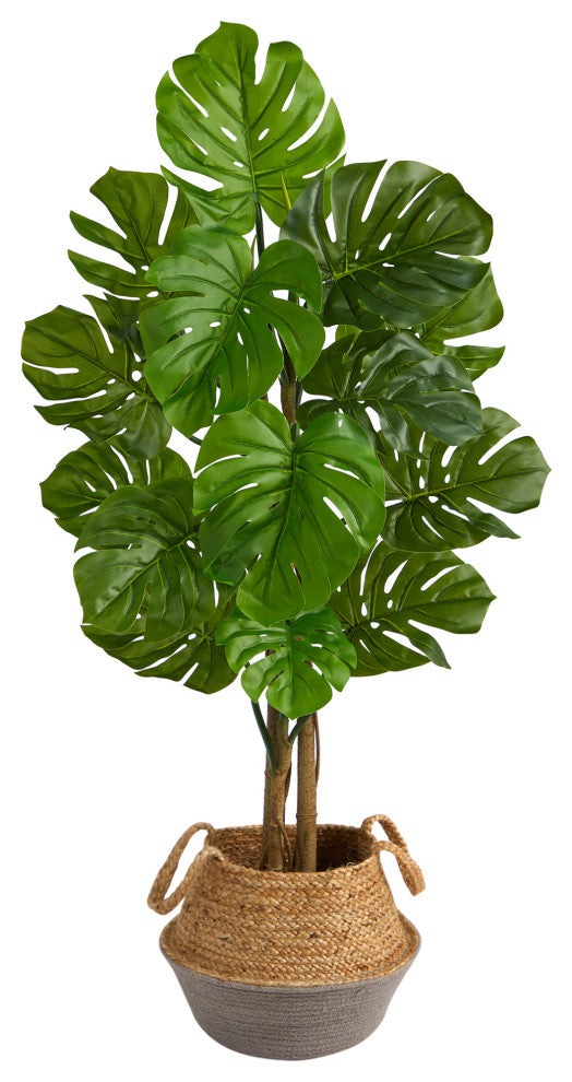 4' Monstera Artificial Tree in Boho Chic Handmade GrayWoven Planter UV Resistant