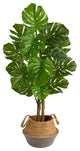 4' Monstera Artificial Tree in Boho Chic Handmade GrayWoven Planter UV Resistant