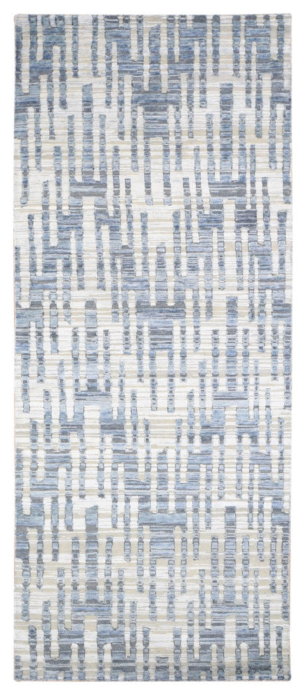 Gray, Zigzag Design, Pure Silk and Textured Wool, Hand Knotted Rug, 4'0" x 10'3"