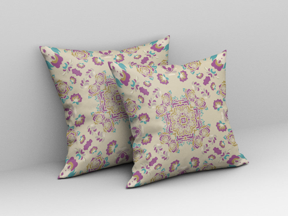 16" Purple Gold Wreath Indoor Outdoor Zippered Throw Pillow