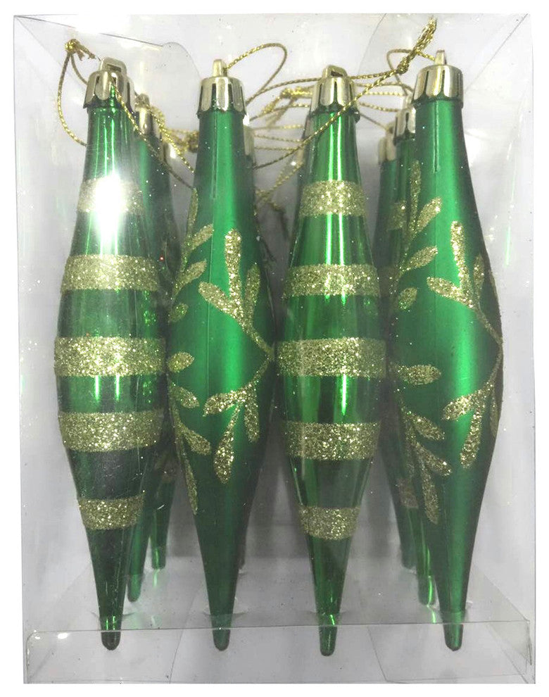 Green Finial Ornament With Snowflake And Line Glitter Design