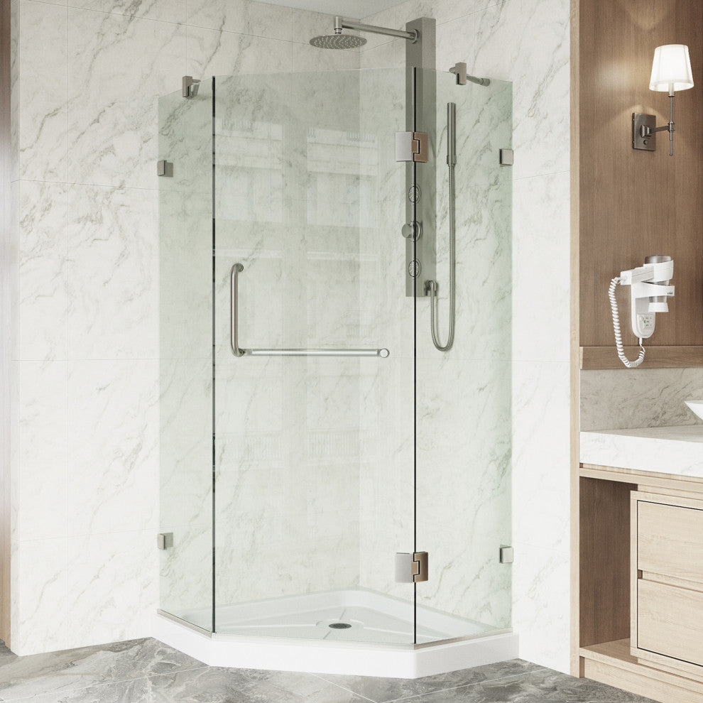 VIGO Piedmont Frameless Hinged Neo-Angle Shower Enclosure, Brushed Nickel, 36" D X 36" W, Low Base