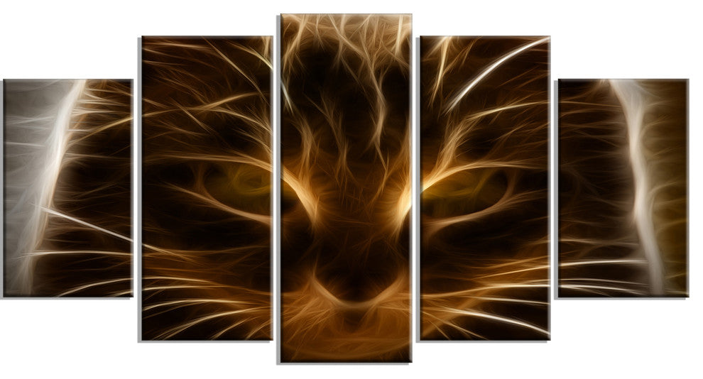 Glowing Fractal Cat Illustration, Animal Canvas Wall Art, 60"x32", 5 Panels
