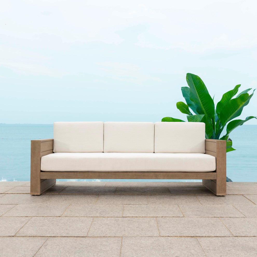 Safavieh Couture Indoor-Outdoor Santiago Eucalyptus Patio Sofa, Natural/Beige