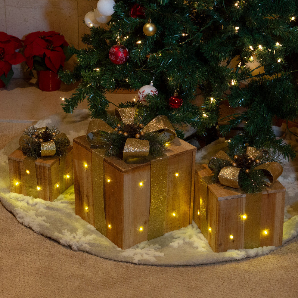 3-Piece Wooden Gift Box Christmas Decor with LED Lights, Gold