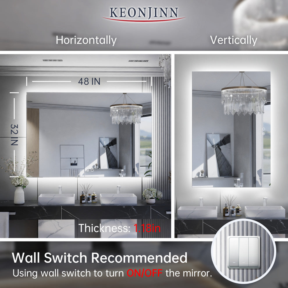 Backlit LED Mirror for Bathroom, Anti-Fog Dimmable, Silver, 48x32