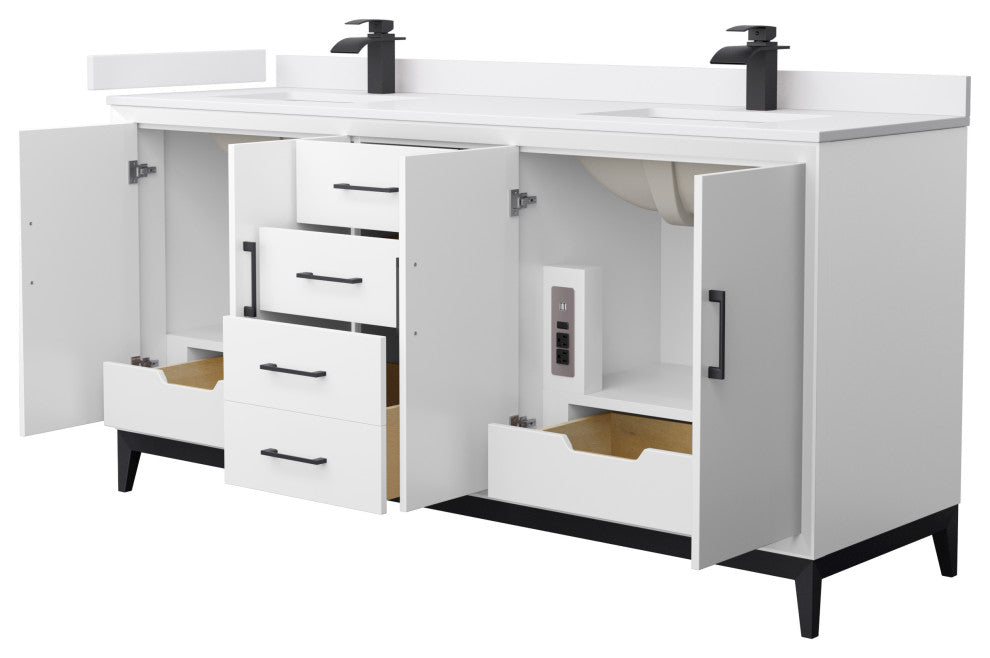 Amici 72" White Double Vanity, White Cultured Marble Top, Matte Black Trim