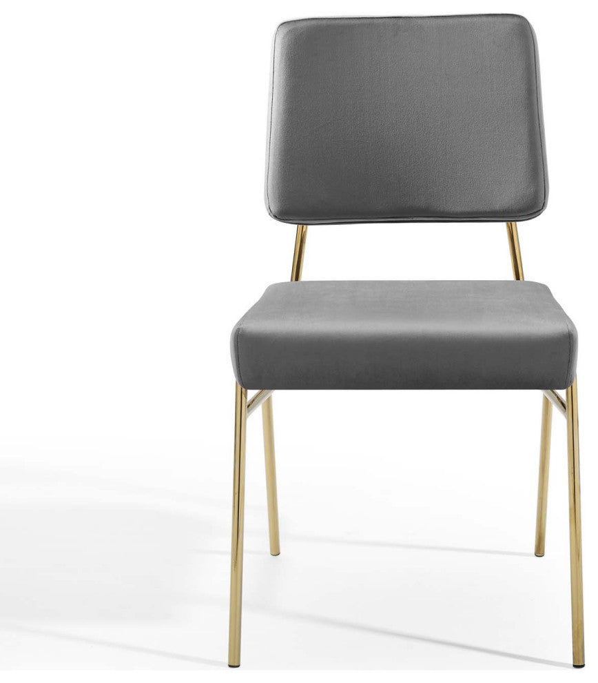 Side Dining Chair, Velvet, Metal, Gold Gray, Modern, Cafe Bistro Restaurant