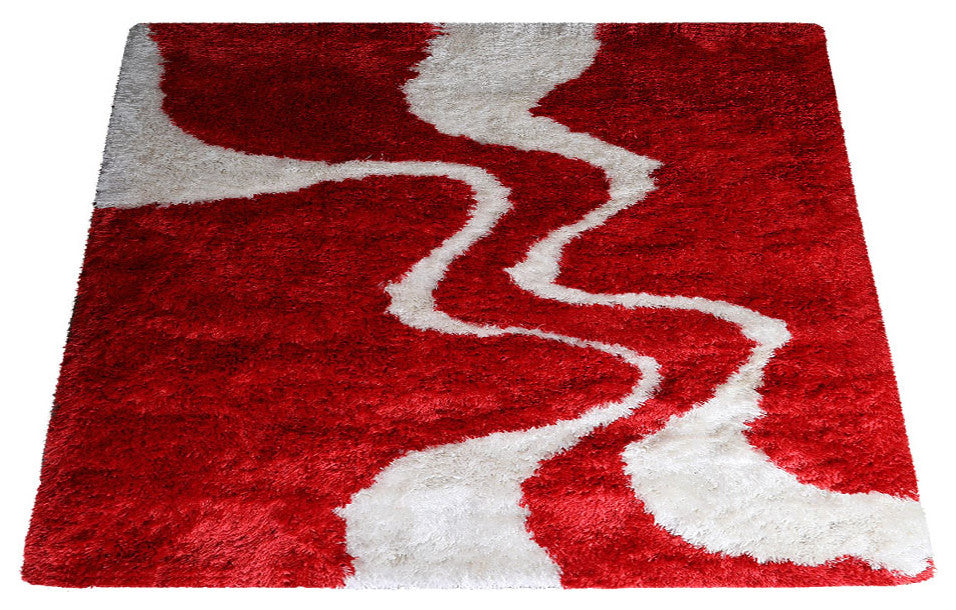 Hand Tufted Shag Polyester Area Rug Contemporary Red White, [Square] 8'x8'