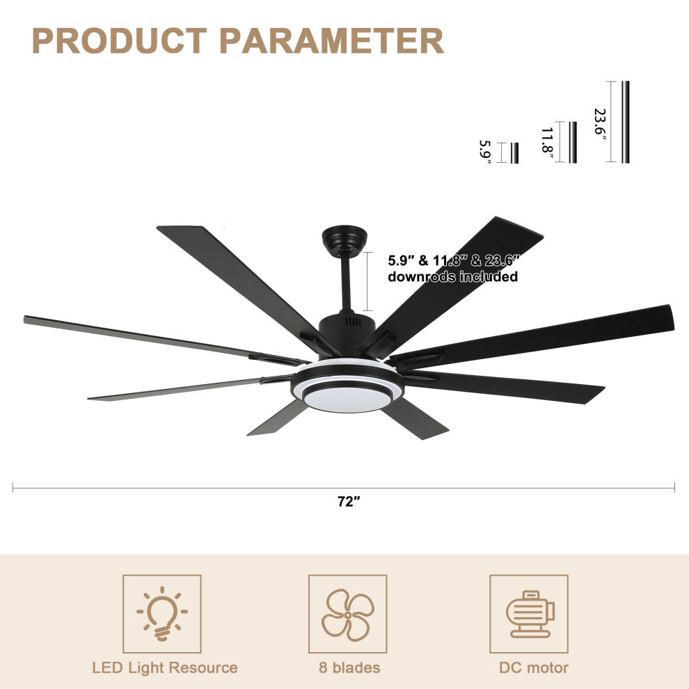 72" Modern Ceiling Fan with Reversible Blades, Dimmable Light and Remote, Black, 72"