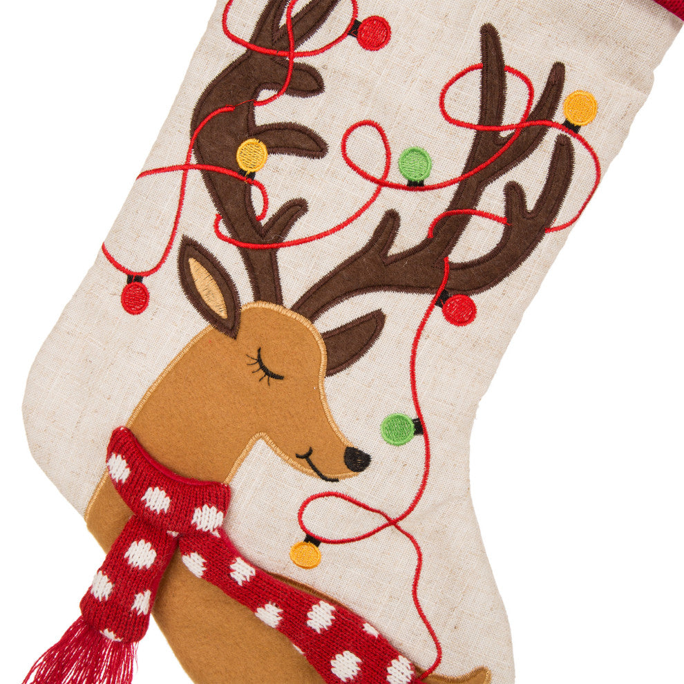Set of 3 LED Embroidered Linen Christmas Decoration, Stocking and Tree Skirt