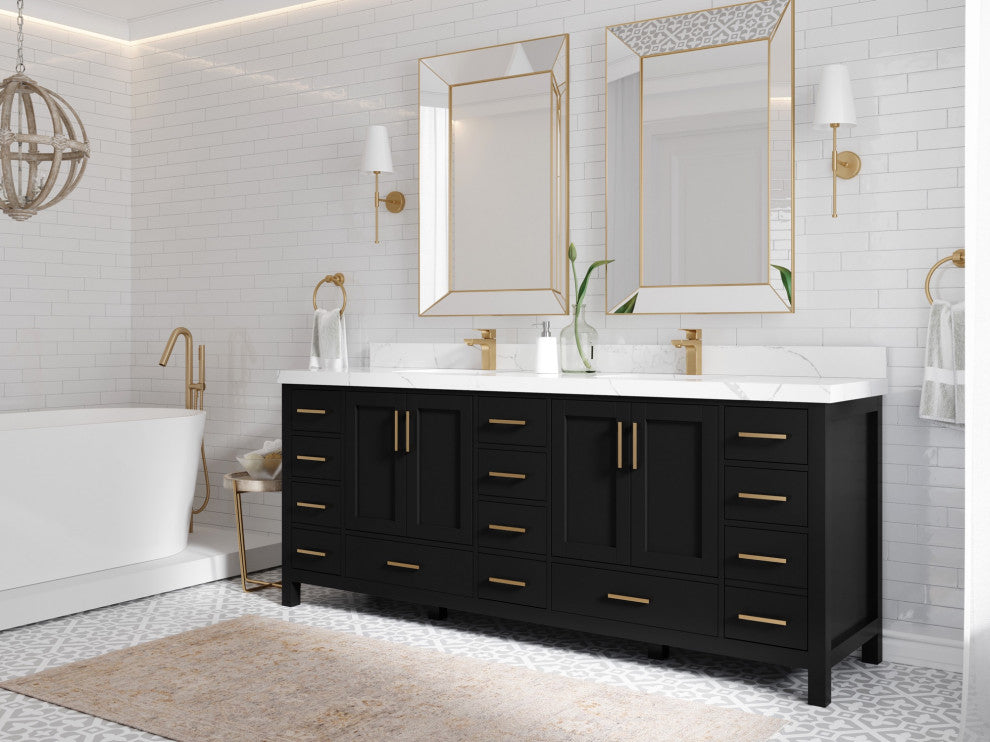 Malibu 84" Double Sink Bath Vanity in Black 2" Viola Gold