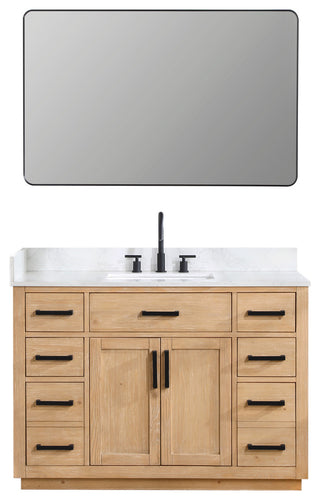 Gavino Vanity With Grain White Composite Stone Top, Light Brown/Matte Black, 48", With Mirror