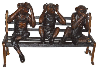 Three wise monkeys on bench large bronze statue bronze - Size: 52" x 32" x 36"