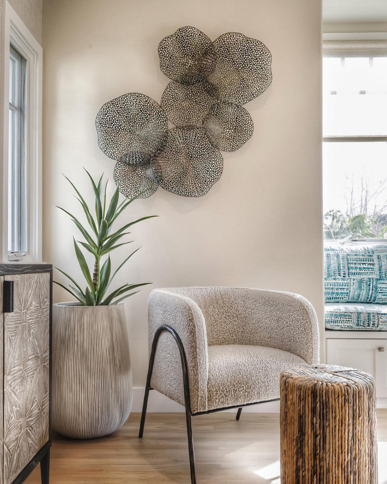 Retro Modern Gray Barrel Back Accent Chair Iron Frame Textured Fabric Scandi