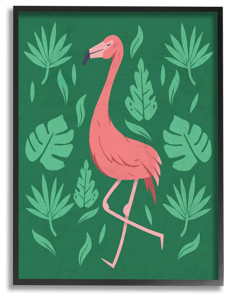 Pink Flamingo Green Leaves Oversized Framed Giclee Texturized Art, 16"x20"