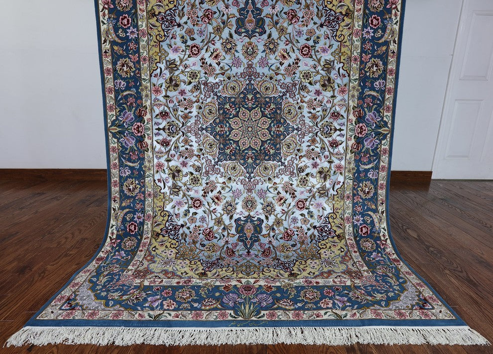 Super Fine Silk Signed Authentic Persian Isfahan Area Rug, 5'x8'