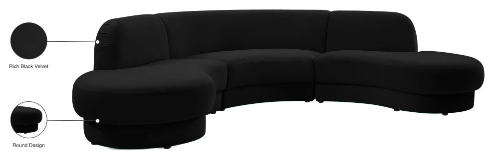 Rosa Velvet Upholstered 3-Piece Sectional, Black