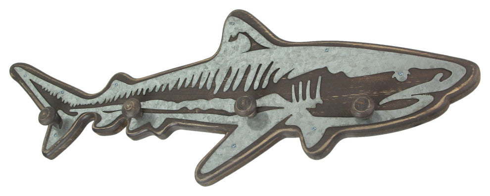 33 Inch Distressed Wood Shark Wall Hook Rack Metal Accents Ocean Art Sculpture