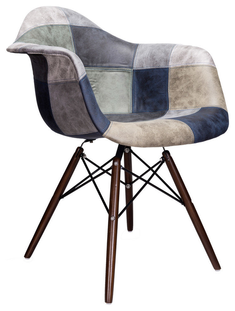 Patch Leatherette Fabric Upholstered DAW Arm Chair, Dark Walnut Leg, Blue/Gray